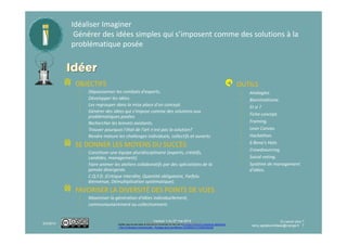 Identifier les zones de valeur à développer avec
vos clients ou usagers.
Se Familiariser avec les nouveaux usages à développer.
OBJECTIFS
⁞ Avec les clients et les usagers, identifier les problèmes, les
opportunités et les leviers d'innovation.
⁞ Consolider les points importants:
⁞ peines externes et/ou internes, verrous à lever.
⁞ opportunités de développement,
⁞ Reconnaître les écarts. Isoler les usages extrêmes.
OUTILS
⁞ Ax4
⁞ AEIOU.
⁞ Business Model Canvas.
⁞ Générateur de modèles.
⁞ POEMS.
⁞ Trends Canvas.
Fouiner / se FamiliariserFouiner / se FamiliariserFouiner / se FamiliariserFouiner / se Familiariser
Version 1-4 du 16 mars 2017
Ce(tte) œuvre est mise à disposition selon les termes de la Licence Creative Commons Attribution
- Pas d’Utilisation Commerciale - Partage dans les Mêmes Conditions 4.0 International.
⁞ Reconnaître les écarts. Isoler les usages extrêmes.
⁞ Repérer les structures innovantes:
⁞ ETI, PME, grands groupes, Laboratoires de recherche
académiques, …
⁞ Utiliser les pôles de compétitivité..
SE DONNER LES MOYENS DU SUCCÈS
⁞ Dessiner votre compréhension des marchés de l'écosystème.
⁞ Motiver toutes les parties-prenantes.
⁞ Donner des formes à vos données.
⁞ Créer une espace de partage ouvert.
FAVORISER LA DIVERSITÉ DES POINTS DE VUES
⁞ Mettre en œuvre les services de capture :
"Ce que les personnes sont, font, pensent, veulent et désirent."
⁞ Trends Canvas.
⁞ Value Designer.
⁞ Vie ma Vie., empathie.
⁞ VOC (Voice of Customer).
⁞ VSM (Value Stream Mapping).
⁞ LEGO® SERIOUS PLAY® …
INFORMATIQUE
⁞ Outils de veille informationnelle
⁞ Outils de web sémantique
⁞ Clustering by Pattern Similarity in Large
Data Sets
⁞ Outils de folksonomie
⁞ Graphe de connaissances
⁞ Data Mining
⁞ …
En savoir plus ?
remy.agitateurdidees@orange.fr 7
3/16/2017
 