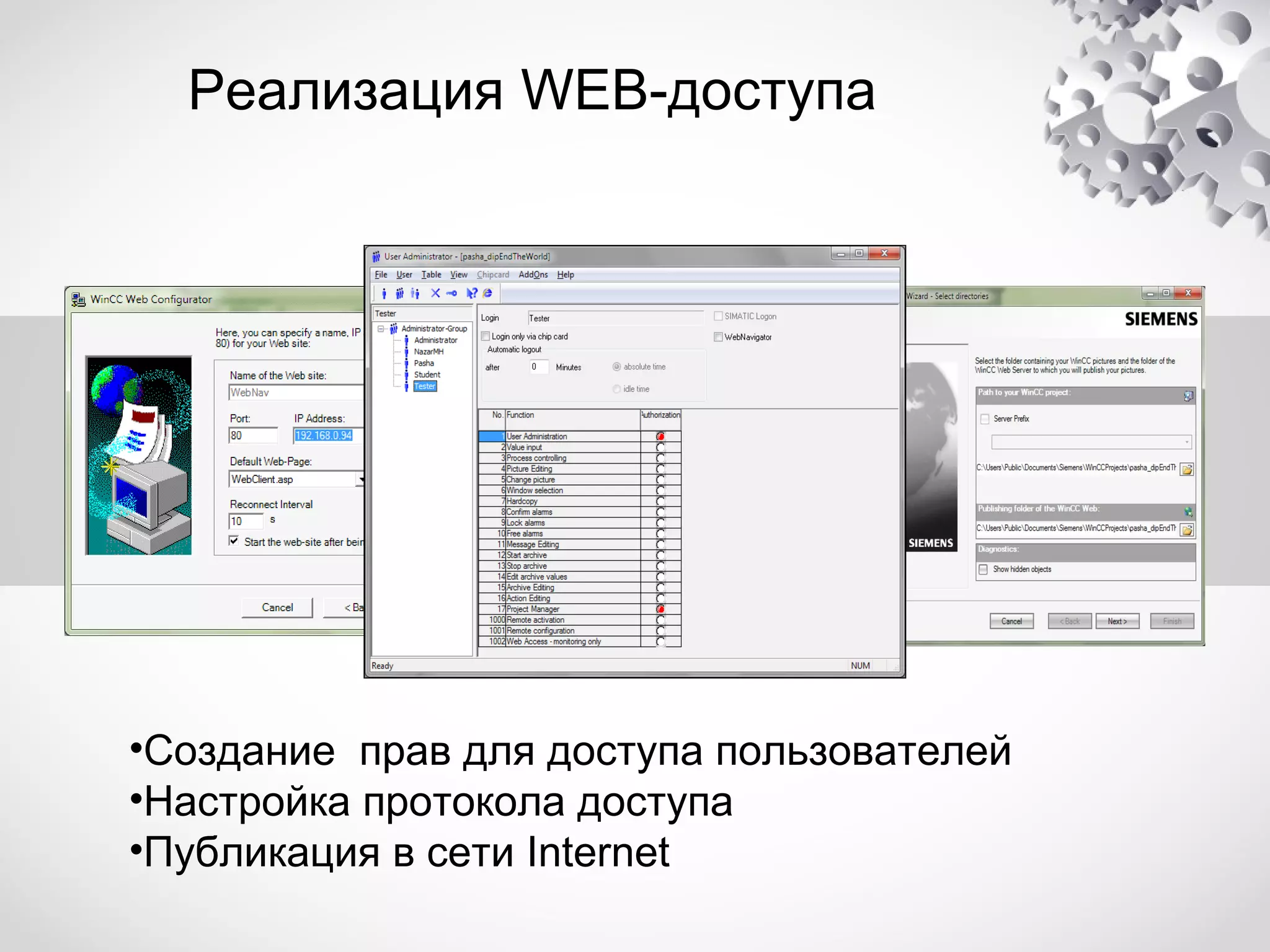Реализация WEB-доступа

•Создание прав для доступа пользователей
•Настройка протокола доступа
•Публикация в сети Internet

 