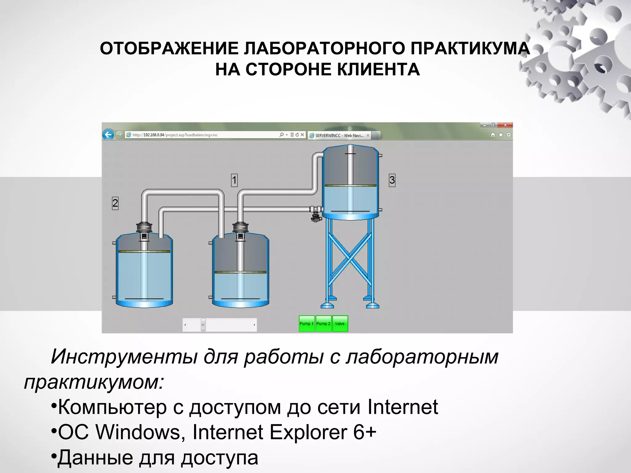ОТОБРАЖЕНИЕ ЛАБОРАТОРНОГО ПРАКТИКУМА
НА СТОРОНЕ КЛИЕНТА

Инструменты для работы с лабораторным
практикумом:
•Компьютер с доступом до сети Internet
•ОС Windows, Internet Explorer 6+
•Данные для доступа

 