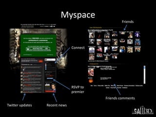 Myspace
Twitter updates Recent news
RSVP to
premier
Connect
Friends comments
Friends
 