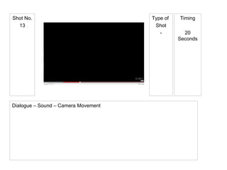 Type of  Shot - Shot No. 13 Timing 20 Seconds Dialogue – Sound – Camera Movement 