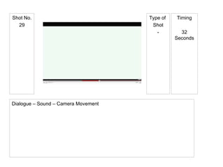 Type of  Shot - Shot No. 29 Timing 32 Seconds Dialogue – Sound – Camera Movement 