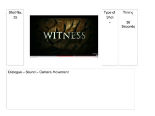 Type of  Shot - Shot No. 35 Timing 36 Seconds Dialogue – Sound – Camera Movement 
