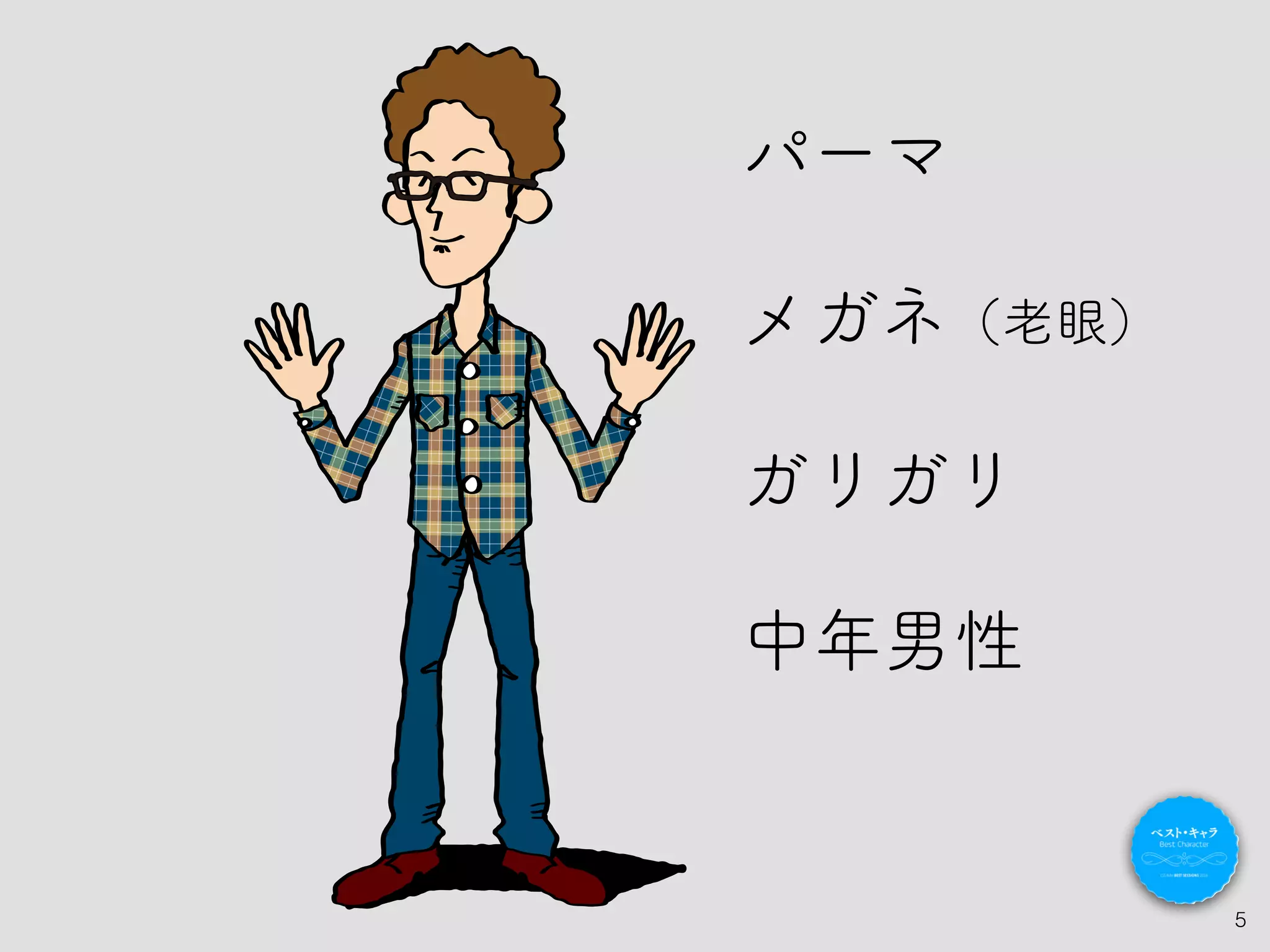 5
中年男性
パーマ
メガネ（老眼）
ガリガリ
 