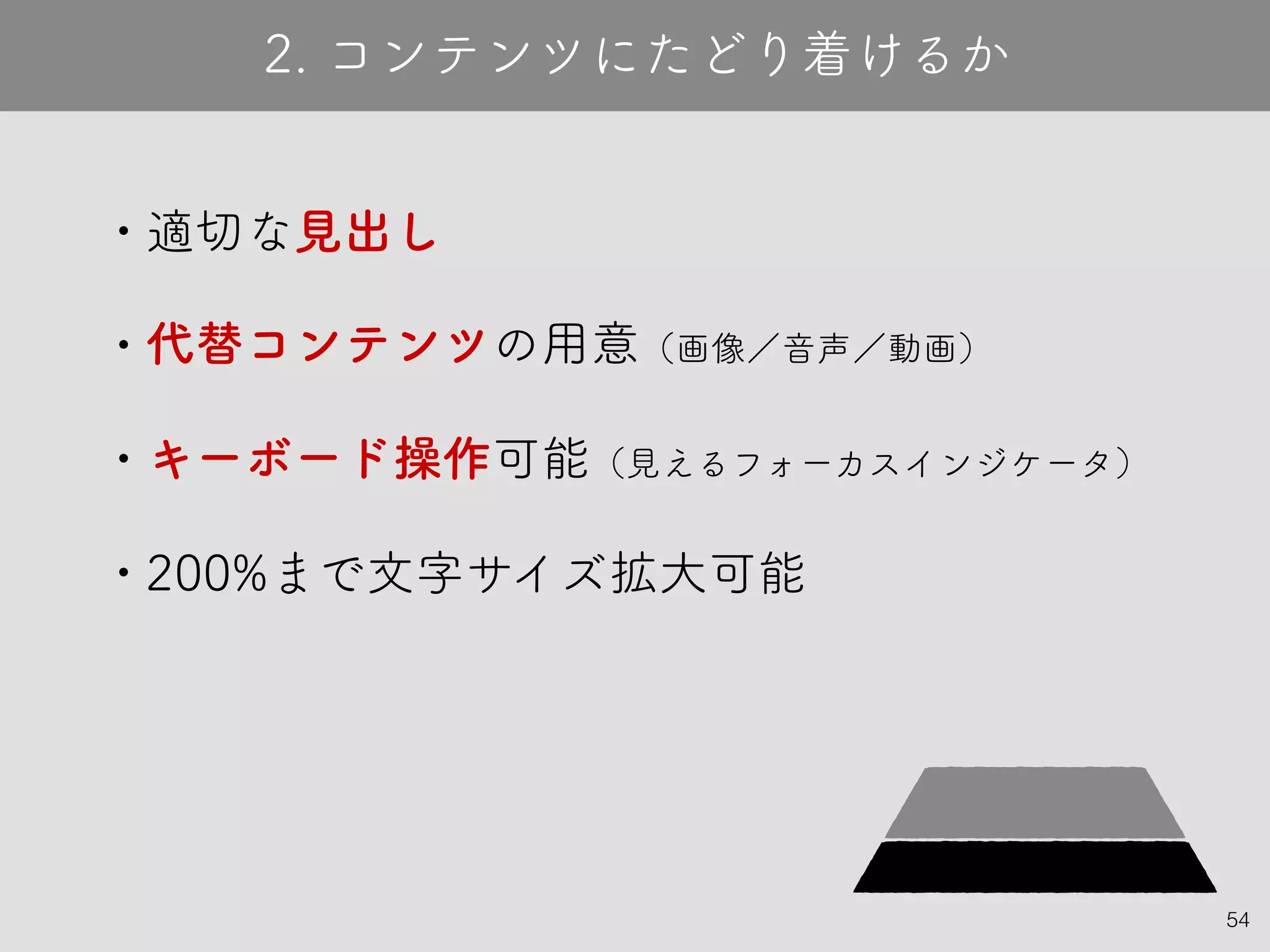 • 適切な見出し
• 代替コンテンツの用意（画像／音声／動画）
• キーボード操作可能（見えるフォーカスインジケータ）
• 200%まで文字サイズ拡大可能
54
2. コンテンツにたどり着けるか
 