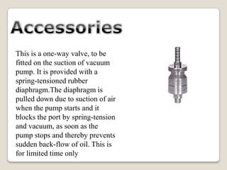 This is a one-way valve, to be
fitted on the suction of vacuum
pump. It is provided with a
spring-tensioned rubber
diaphragm.The diaphragm is
pulled down due to suction of air
when the pump starts and it
blocks the port by spring-tension
and vacuum, as soon as the
pump stops and thereby prevents
sudden back-flow of oil. This is
for limited time only
 