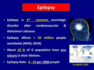 • Epilepsy is 3rd common neurologic
disorder after cerebrovascular &
Alzheimer's disease.
• Epilepsy affects ≈ 50 million people
worldwide (WHO, 2019).
• About 10 % of G population have one
seizure in their lifetime.
• Epilepsy Rate: 4 - 10 per 1000 people
Epilepsy
N LANCET, 2019
 