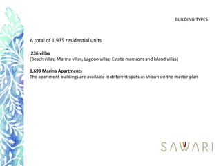 BUILDING TYPES



A total of 1,935 residential units

 236 villas
(Beach villas, Marina villas, Lagoon villas, Estate mansions and Island villas)

1,699 Marina Apartments
The apartment buildings are available in different spots as shown on the master plan
 