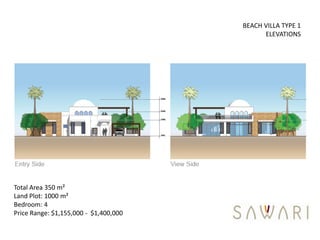 BEACH VILLA TYPE 1
                                             ELEVATIONS




Total Area 350 m²
Land Plot: 1000 m²
Bedroom: 4
Price Range: $1,155,000 - $1,400,000
 