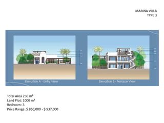 MARINA VILLA
                                           TYPE 3




Total Area 250 m²
Land Plot: 1000 m²
Bedroom: 3
Price Range: $ 850,000 - $ 937,000
 