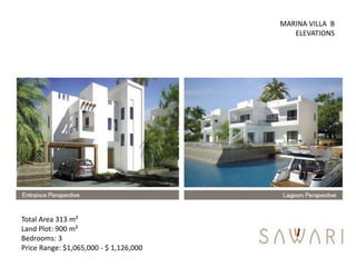MARINA VILLA B
                                           ELEVATIONS




Total Area 313 m²
Land Plot: 900 m²
Bedrooms: 3
Price Range: $1,065,000 - $ 1,126,000
 