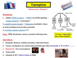 “Glutaminergic Modulator”
Tianeptine
(Bailey et al, 2017)
Mechanism
1. inhibits NMDA receptors →↑BDNF via mTOR signaling→
synaptic plasticity. “as Ketamine”
2. μ-opioid receptor agonist →↑Dopamine mesolimbic release
& action (antidepressant & abuse potential)
3. serotonin reuptake enhancer ??!!
France
Uses: MDD, Dysthymia, Anxiety associated with depression 12.5 mg 3 times/day
due to short half-life
Side Effects
1. Headache, dizziness, sedation, insomnia, Abnormal dreams
2. Nausea, constipation, dry mouth (mild anticholinergic effect) chemically as TCAs BUT ………
3. Hepatotoxic ↑ liver transaminases
4. Tachycardia
5. Schedule II, III ?? Risk of Abuse (1/1000)
 