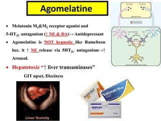 • Melatonin M1&M2 receptor agonist and
5-HT2C antagonism (↑ NE & DA)→ Antidepressant
• Agomelatine is NOT hypnotic like Ramelteon
bec. it ↑ NE release via 5HT2C antagonism→↑
Arousal.
• Hepatotoxic “↑ liver transaminases”
GIT upset, Dizziness
Agomelatine
 