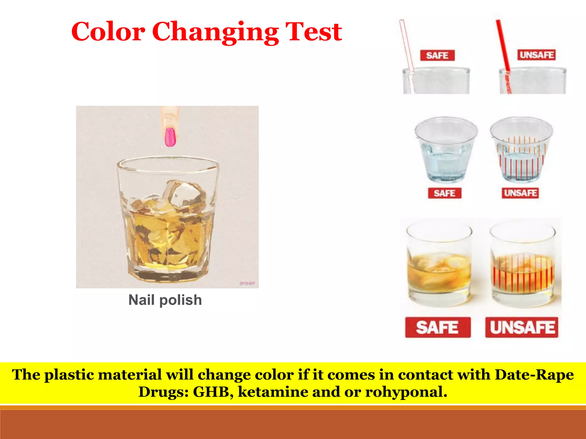 Color Changing Test
The plastic material will change color if it comes in contact with Date-Rape
Drugs: GHB, ketamine and or rohyponal.
Nail polish
 