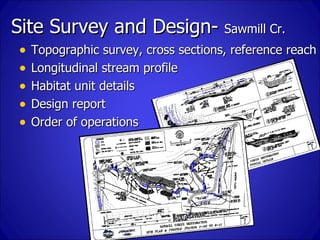 Site Survey and Design- Sawmill Cr.
 •   Topographic survey, cross sections, reference reach
 •   Longitudinal stream prof...