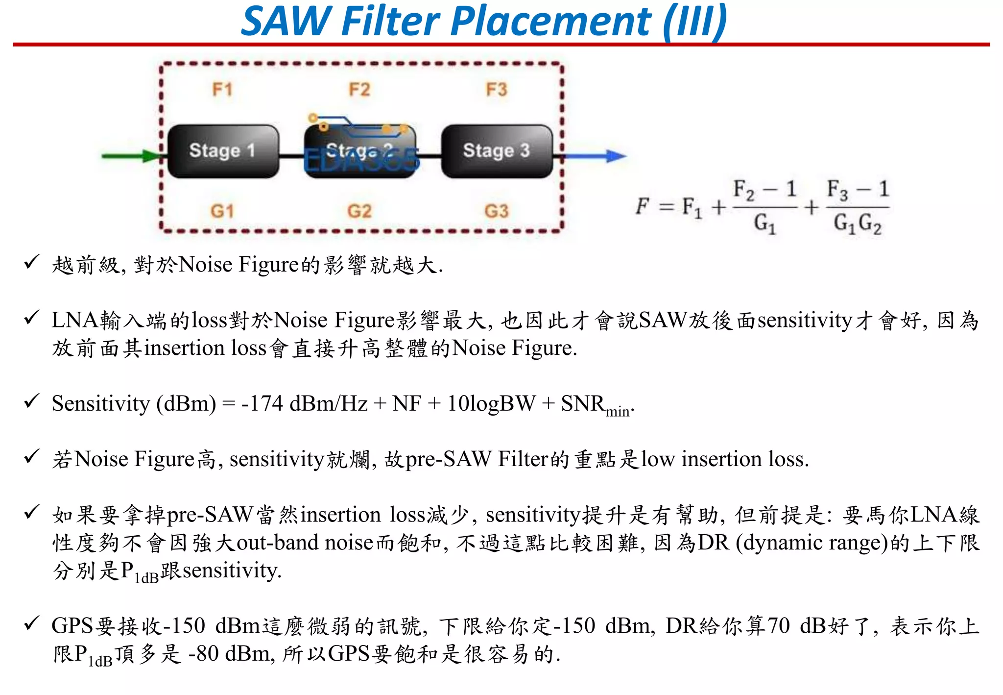 SAW Filter Placement (III)
 越前級, 對於Noise Figure的影響就越大.
 LNA輸入端的loss對於Noise Figure影響最大, 也因此才會說SAW放後面sensitivity才會好, 因為
放前面其insertion loss會直接升高整體的Noise Figure.
 Sensitivity (dBm) = -174 dBm/Hz + NF + 10logBW + SNRmin.
 若Noise Figure高, sensitivity就爛, 故pre-SAW Filter的重點是low insertion loss.
 如果要拿掉pre-SAW當然insertion loss減少, sensitivity提升是有幫助, 但前提是: 要馬你LNA線
性度夠不會因強大out-band noise而飽和, 不過這點比較困難, 因為DR (dynamic range)的上下限
分別是P1dB跟sensitivity.
 GPS要接收-150 dBm這麼微弱的訊號, 下限給你定-150 dBm, DR給你算70 dB好了, 表示你上
限P1dB頂多是 -80 dBm, 所以GPS要飽和是很容易的.
 