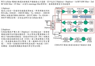 CDMA/PCS 雙頻行動電話射頻及中頻線路示意圖
PCS /cellular 雙頻行動電話射頻及中頻線路之示意圖。其中包含了Diplexer、Duplexer、1st RF SAW filter、2nd
RF SAW filter、IF filter，以及Tx interstage filter等部份，每個環節都有不同的應用
1.Diplexer:
基本上是由一高通及低通濾波器組成，用來將接收到的
PCS (Rx: 1930.05 ~ 1989.99 MHz，Tx: 1850.01 ~ 1909.99
MHz) 訊號及CDMA (869.04 ~ 893.97 MHz，Tx: 824.04 ~
848.97 MHz)分開，分別送至PCS 及 Cellular 路徑。
2.Duplexer:
Cellular頻段中雙工器（Duplexer）的功能包括：當發射
機雜訊頻率位於接收頻段時，防止降低全雙重模擬工作
模式下接收機的靈敏度；衰減功率放大器（PA）的輸出
信號以避免低雜訊放大器（LNA）進入增益壓縮工作模
式；衰減接收機的寄生響應（第一鏡頻和其它寄生響
應）；用第一混頻器LO-RF埠來衰減第一級本振（LO）
的饋通；衰減發射機輸出諧波和其它寄生信號。
 