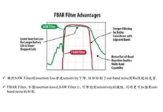  雖然SAW Filter的insertion loss會使sensitivity下降, 但卻抑制了out-band noise對Rx性能的危害.
 FBAR Filter, 不僅insertion loss比SAW Filter小, 可降低對sensitivity的犧牲, 同時更可加強對out-
band noise的抑制.
 