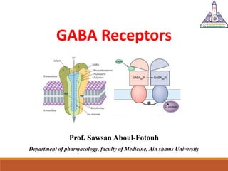 GABA Receptors
Prof. Sawsan Aboul-Fotouh
Department of pharmacology, faculty of Medicine, Ain shams University
 