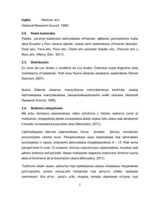 5 
Inglés : Mashua, anu. 
(National Research Council, 1989) 
2.2. Kasta kastanaka 
Pataka juk’ampi kastanaka isañunakawa uñt’asiraki, ajllitaraki germoplasma tuqita aksa Ecuador y Peru uksana utjaraki, ukatxa sami kastanakaxa uñt’asiraki akanaka: Occe añu, Yana añu, Puca añu, Ckello añu janukasti Sapallu añu, Checche añu y Muru añu. (Mercy Deri, 2011). 
2.3. Distribución 
En zona de Los Andes o cordillera de Los Andes, Colombia tuqita Argentina uksa markakama ch’iqitataraki. Wali kusa Nueva Zelanda uksakama apatarakiwa (Daniel Giannoni, 2007). 
Nueva Zelanda uksanxa, manq’añanxa manq’atarakiwa kankt’ata, ukatxa laphinakapasa manq’atarakiwa, panqaranakapampacha waliki ukanaka (Nacional Research Council, 1989). 
2.4. Botánica uñtayañxata 
Mä achu herbácea ukjamarakiwa, tallos cilíndricos y hábitos rastreros como el mastuerzo, chiqapakiwa jilaraki kunawsatixa alaski ukjaxa tallo ukaxa wali alinakampi k’irsutaki, kunawsatixa puqurataxi ukxa (Mercydery, 2011). 
Laphinakapaxa alternas ukjamarakiwa, kimsa phisqha lóbulos, nervaduras pronunciadas ukampi kuna. Panqaranakaxa sapa sapanakawa taqi saminakani anaranjadas o rojisos, estambres jakhunakaxa mayjakiptarakiwa 8 – 13. Wali suma panqart’araki 8 uruta 13 urukama. Achuxa esquizocarpo ukjamarakiwa, kunatixa wali jathani botánica achuqt’araki. Akaxa makiparaki taqpacha tubérculos Andinos tuqina aksa el fenómeno de la fascinación ukana (Mercydery, 2011) 
Tubérculo sataki ukaxa, ullukumpi niya kipkakipxiwa ukatxa uñxatataxa mayjarakiwa juch’uspacha, janiwa muruq’ukiti manqhaxa niya janq’uru uñtata, taqikasta saminakani: Gris ch’ixi , janq’u, q’illu, chupika, morado ukjamaraki ch’iyara, niya  