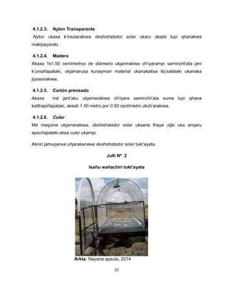 22 
4.1.2.3. Nylon Transparente 
Nylon ukaxa k’irsutarakiwa deshidratador solar ukaru akasti lupi qhanakwa 
makipayaraki. 
4.1.2.4. Madera 
Akaxa 1x1.50 centímetros de diámetro ukjanirakiwa ch’iyarampi samincht’ata jani 
k’urxañapataki, ukjamarusa kunayman material ukanakatixa liq’xatataki ukanaka 
jiyxasirakiwa. 
4.1.2.5. Cartón prensado 
Akaxa mä jant’aku ukjamarakiwa ch’iyara samincht’ata suma lupi qhana 
katthapiñapataki, akasti 1.50 metro por 0.50 centímetro ukch’arakiwa. 
4.1.2.6. Culer 
Mä maquina ukjamarakiwa, deshidratador solar uksana thaya utjki uka anqaru 
apsuñapataki aksa culer ukampi. 
Akniri jamuqanxa uñjaraksnawa deshidratador solar tukt’ayata. 
Julli Nº 2 
Isañu wañachiri tukt’ayata 
Arkta: Nayana apsuta, 2014 
 