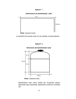 23 
Salta Nº 7 
Dimensiones de deshidratador solar 
Salta Nº 8 
Dimensión del deshidratador solar 
0.50 cm 
1 m 
62 cm 
25 cm 
38 cm 
50 cm 
La superficie del secador solar con las medidas correspondientes 
Deshidratador solar ukana medita uka, kunjamasa alayaru 
ukjamaraki paya thiyamatsa uñjasirakiwa, kawch’aru lurt’atasa 
uka 
Arkta: Jiwasana lurata 
Arkta: Jiwasana lurata 
 