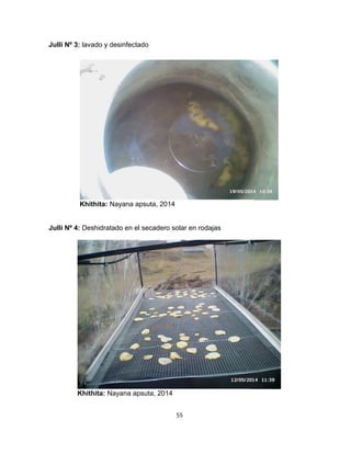 55 
Julli Nº 3: lavado y desinfectado 
Julli Nº 4: Deshidratado en el secadero solar en rodajas 
Khithita: Nayana apsuta, 2014 
Khithita: Nayana apsuta, 2014 
 