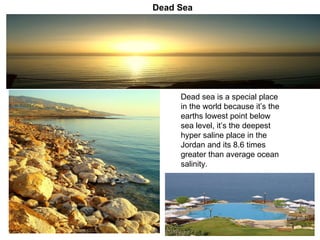 Dead sea is a special place in the world because it’s the earths lowest point below sea level, it’s the deepest hyper saline place in the Jordan and its 8.6 times greater than average ocean salinity. Dead Sea 