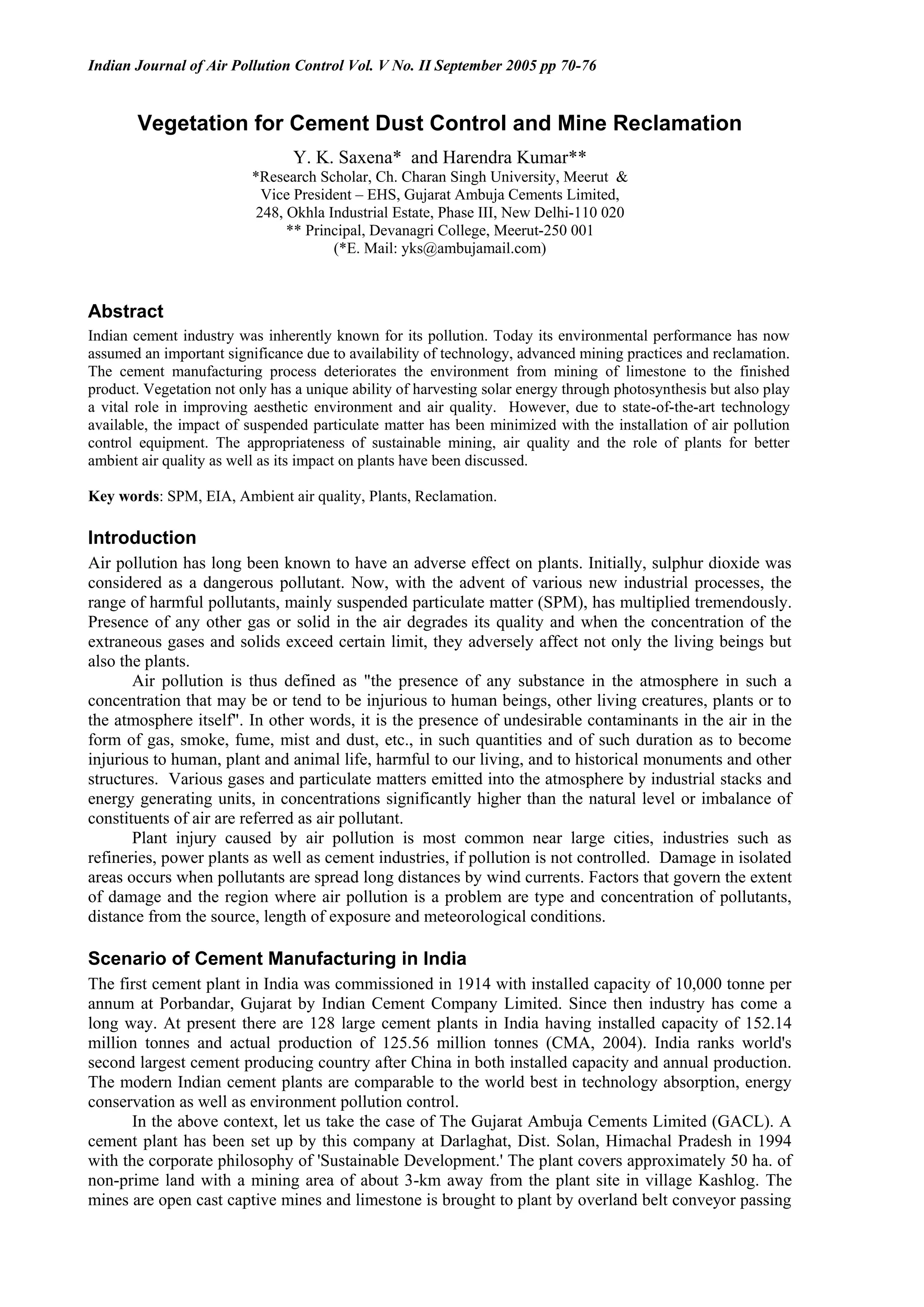 Vegetation for Cement Dust Control and Mine Reclamation - Saxena 1 | PDF