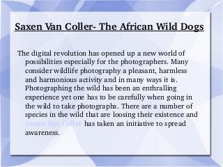 Saxen Van Coller­ The African Wild Dogs
The digital revolution has opened up a new world of 
possibilities especially for the photographers. Many 
consider wildlife photography a pleasant, harmless 
and harmonious activity and in many ways it is. 
Photographing the wild has been an enthralling 
experience yet one has to be carefully when going in 
the wild to take photographs. There are a number of 
species in the wild that are loosing their existence and 
Saxen Van Coller has taken an initiative to spread 
awareness. 
 