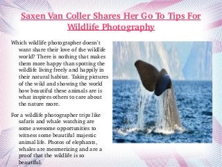 Saxen Van Coller Shares Her Go To Tips For 
Wildlife Photography
Which wildlife photographer doesn’t 
want share their love of the wildlife 
world? There is nothing that makes 
them more happy than spotting the 
wildlife living freely and happily in 
their natural habitat. Taking pictures 
of the wild and showing the world 
how beautiful these animals are is 
what inspires others to care about 
the nature more. 
For a wildlife photographer trips like 
safaris and whale watching are 
some awesome opportunities to 
witness some beautiful majestic 
animal life. Photos of elephants, 
whales are mesmerizing and are a 
proof that the wildlife is so 
beautiful. 
 