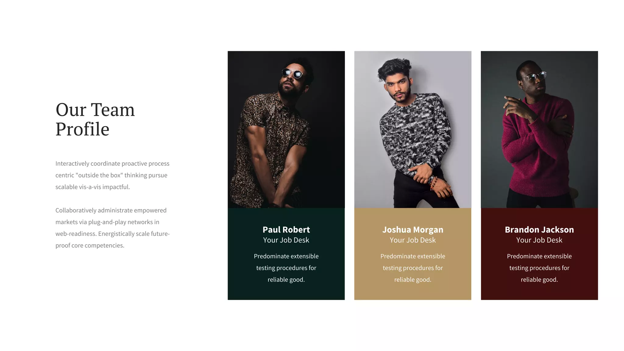 Your Job Desk
Predominate extensible
testing procedures for
reliable good.
Brandon Jackson
Your Job Desk
Predominate extensible
testing procedures for
reliable good.
Joshua Morgan
Your Job Desk
Predominate extensible
testing procedures for
reliable good.
Paul Robert
Our Team
Profile
Interactively coordinate proactive process
centric "outside the box" thinking pursue
scalable vis-a-vis impactful.
Collaboratively administrate empowered
markets via plug-and-play networks in
web-readiness. Energistically scale future-
proof core competencies.
 