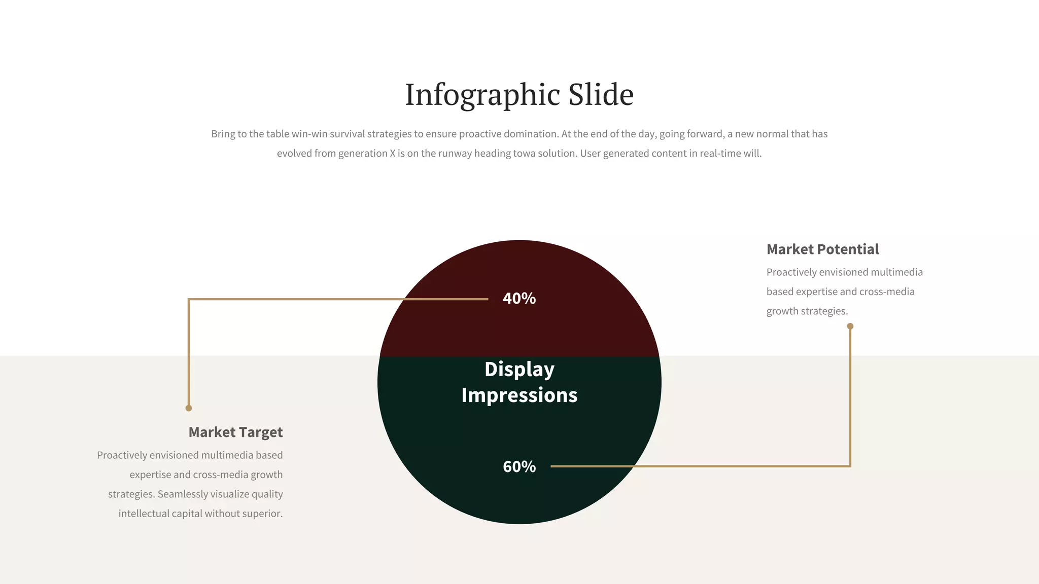Market Potential
Proactively envisioned multimedia
based expertise and cross-media
growth strategies.
Market Target
Proactively envisioned multimedia based
expertise and cross-media growth
strategies. Seamlessly visualize quality
intellectual capital without superior.
Display
Impressions
40%
60%
Bring to the table win-win survival strategies to ensure proactive domination. At the end of the day, going forward, a new normal that has
evolved from generation X is on the runway heading towa solution. User generated content in real-time will.
Infographic Slide
 