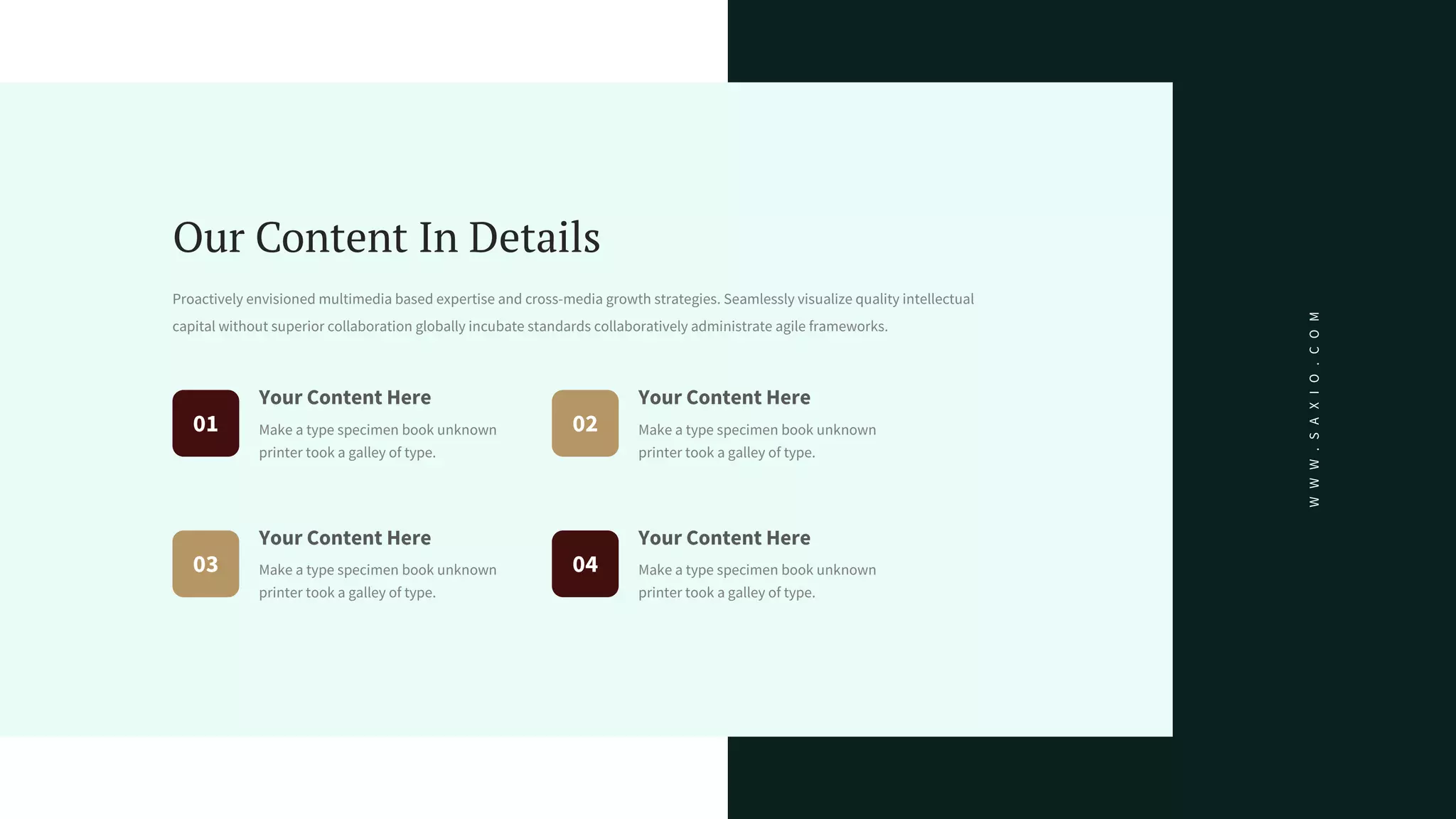 Our Content In Details
Proactively envisioned multimedia based expertise and cross-media growth strategies. Seamlessly visualize quality intellectual
capital without superior collaboration globally incubate standards collaboratively administrate agile frameworks.
Your Content Here
Make a type specimen book unknown
printer took a galley of type.
Your Content Here
Make a type specimen book unknown
printer took a galley of type.
01
03
Your Content Here
Make a type specimen book unknown
printer took a galley of type.
Your Content Here
Make a type specimen book unknown
printer took a galley of type.
02
04
W
W
W
.
S
A
X
I
O
.
C
O
M
 