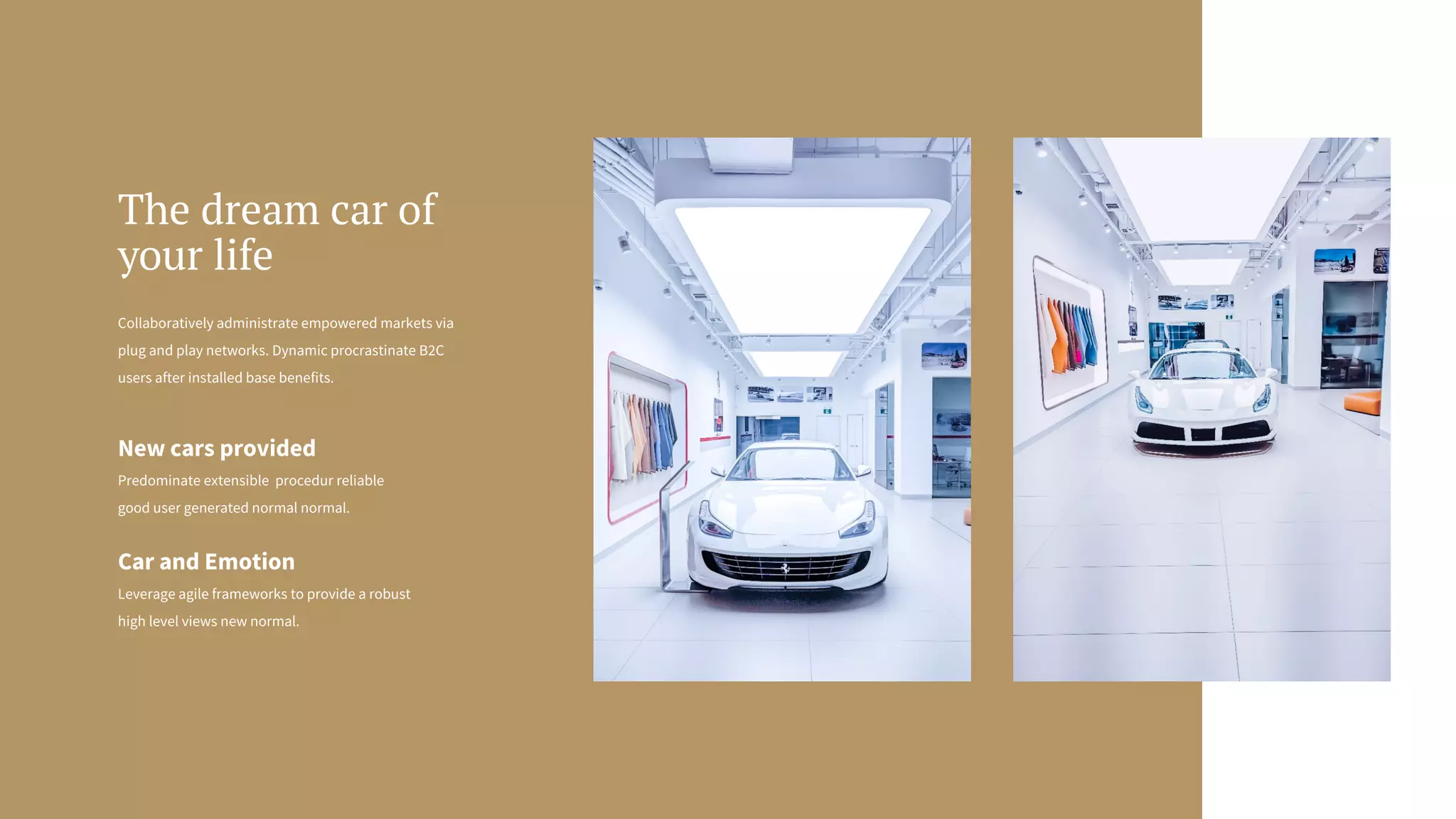 Collaboratively administrate empowered markets via
plug and play networks. Dynamic procrastinate B2C
users after installed base benefits.
The dream car of
your life
New cars provided
Predominate extensible procedur reliable
good user generated normal normal.
Car and Emotion
Leverage agile frameworks to provide a robust
high level views new normal.
 