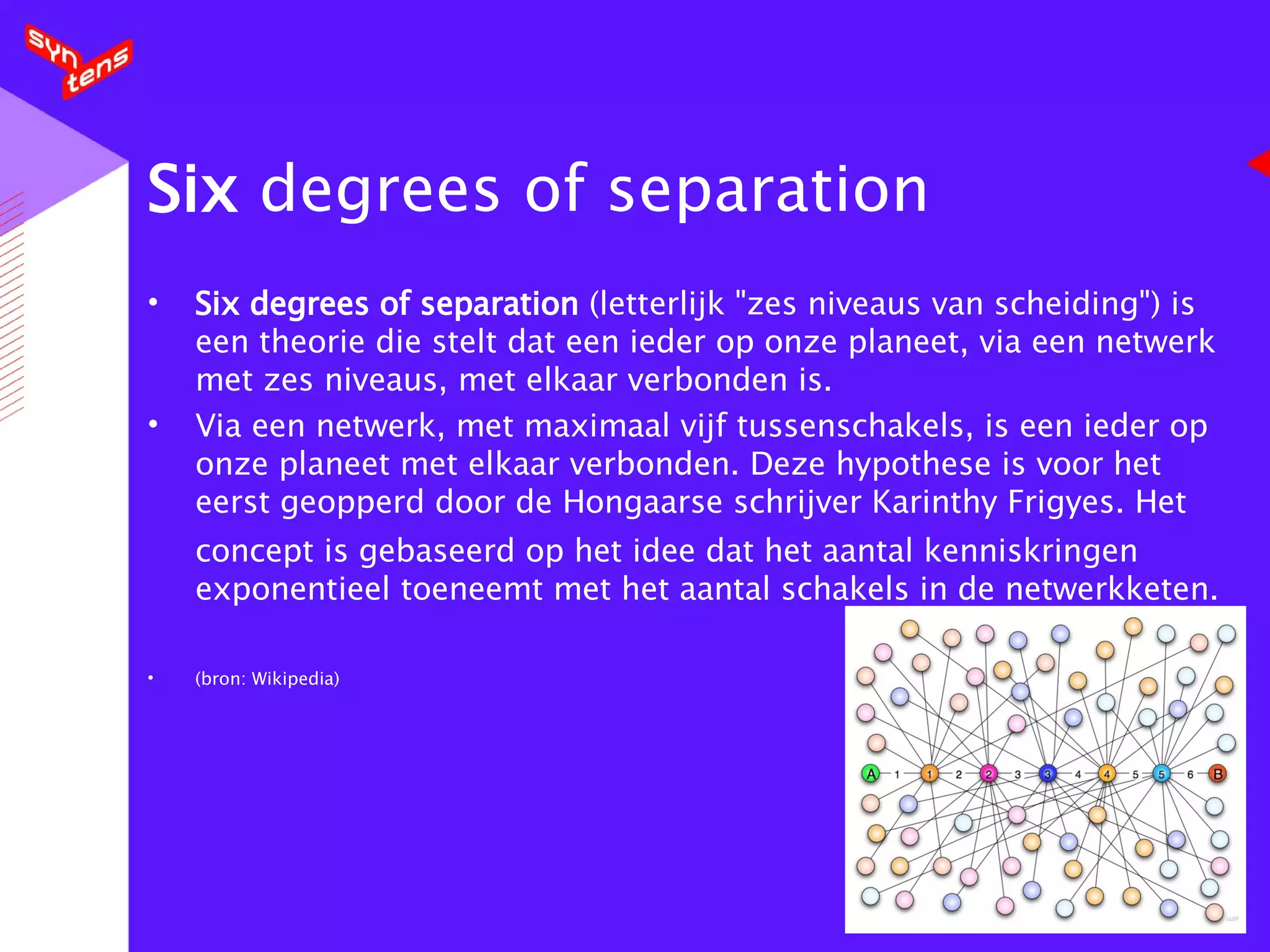 Six  degrees of separation  Six degrees of separation  (letterlijk "zes niveaus van scheiding") is een theorie die stelt dat een ieder op onze planeet, via een netwerk met zes niveaus, met elkaar verbonden is. Via een netwerk, met maximaal vijf tussenschakels, is een ieder op onze planeet met elkaar verbonden. Deze hypothese is voor het eerst geopperd door de  Hongaarse  schrijver Karinthy Frigyes. Het concept is gebaseerd op het idee dat het aantal kenniskringen  exponentieel  toeneemt met het aantal schakels in de netwerkketen. (bron: Wikipedia) 