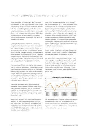 M ar k et C omment : C R I S I S F O C U S T O M O V E E A S T


Make no mistake, the current PIIGS debt crisis is not       What could cause such a negative drift in equities?
contained and the only way to get rid of it is by cutting   We see several factors. 1) A Chinese slow-down looks
budget deficits much quicker and much more dramati-         increasingly likely. 2) Corporate earnings are caused
cally than what is being done currently. The German         by cost-cutting rather than topline growth and we
budget cuts are a good start, but they are not enough.      are thoroughly in the deflationist/disinflationist camp,
Greek 2-year yields are now trading above 8.6% again,       so we don’t expect inflation and topline growth any
but the equity market seemingly only cares about            time soon. 3) Continued destabilization in PIIGS debt
the next earnings season (beginning in July), which is      markets demanding a response from the less insol-
expected to be strong.                                      vent E-Z members. 4) Draconian cuts to government
                                                            spending and 5) Worries about the reset of Alt-A and
Contrary to the common perception, running big              Option ARM mortgages in the US and a further surge
budget deficits kills growth – and that is especially the   in defaults and delinquencies.
case in a cash-strapped environment like the one we
are currently in. It is perhaps the most distinct feature   One or more of these factors will impair the earnings
of this crisis that small and mid-sized companies are al-   outlook of equities in 2011 and 2012 and we believe
most completely cut off from financing. Yes, corporate      that they are currently not sufficiently priced-in.
bond issuance has been ample until recently, but that
is drying out with the lack of risk-willingness and small   We also maintain our expectation for very low policy
caps rarely participate in corporate bond markets.          rates in the foreseeable future. The market prices the
                                                            1-year Fed tightening at 33 bps. (down from 50 bps.
The recent Flow of Funds from the Fed also indicates        only two weeks ago), but we still believe that is too
that the corporate deleveraging of especially financials    much. Count on policy rates in the US, UK, E-Z and
is almost completely a mirror image of the continued        Switzerland to stay at current levels (or lower) until the
spending by government. The same can be said about          end of 2011.
Europe. The reckless government spending continues
to make GDP figures look “nice” in the short-run but it
comes at the cost of long-term growth and it increas-
ingly builds larger imbalances.


The market will have to worry about those larger
imbalances and that already happened in the sell-off
in May. However, we believe that we will see some
optimism linked to the strengthening corporate earn-
ings to be announced in the coming earnings season
(beginning in July).


A short-term bounce is risky assets therefore seems         The Saxo Bank Business Cycle Model shows a strong rebound
likely, but we fear that such a bounce in stocks will       from the bottom in early 2009, but the latest couple of
only materialize in the creation of the right shoulder      months have indicated some deceleration of economic activ-
in a big head-and-shoulders formation with neckline         ity, which in combination with the slowing leading indicators
around 1040. If that is true, the trend in equity prices    worldwide should be a cause for concern.
should be lower well into 2011.




4                                                                                           Quarterly Outlook q3 – 2010
                                                                                                                 •
 