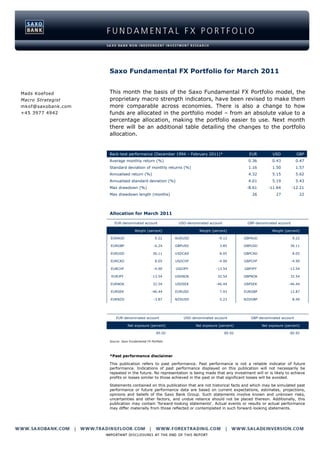 Saxo Fundamental FX Portfolio for March 2011


Mads Koefoed        This month the basis of the Saxo Fundamental FX Portfolio model, the
Macro Strategist    proprietary macro strength indicators, have been revised to make them
mkof@saxobank.com   more comparable across economies. There is also a change to how
+45 3977 4942       funds are allocated in the portfolio model – from an absolute value to a
                    percentage allocation, making the portfolio easier to use. Next month
                    there will be an additional table detailing the changes to the portfolio
                    allocation.


                    Back-test performance (December 1994 – February 2011)*                       EUR          USD            GBP
                    Average monthly return (%)                                                   0.36         0.43          0.47
                    Standard deviation of monthly returns (%)                                    1.16         1.50          1.57
                    Annualised return (%)                                                        4.32         5.15          5.62
                    Annualised standard deviation (%)                                            4.01         5.19          5.43
                    Max drawdown (%)                                                            -8.61      -11.64         -12.21
                    Max drawdown length (months)                                                  26            27            22




                    Allocation for March 2011

                       EUR-denominated account               USD-denominated account            GBP-denominated account

                                     Weight (percent)                  Weight (percent)                      Weight (percent)

                    EURAUD                         9.22     AUDUSD                -9.13        GBPAUD                     9.22

                    EURGBP                        -6.24     GBPUSD                3.85         GBPUSD                   36.11

                    EURUSD                        36.11     USDCAD                8.05         GBPCAD                     8.05

                    EURCAD                         8.05     USDCHF                -4.90        GBPCHF                     -4.90

                    EURCHF                        -4.90     USDJPY              -13.54         GBPJPY                  -13.54

                     EURJPY                      -13.54     USDNOK               32.54         GBPNOK                   32.54

                    EURNOK                        32.54     USDSEK              -46.44         GBPSEK                  -46.44

                    EURSEK                       -46.44     EURUSD                7.93         EURGBP                   12.87

                    EURNZD                        -3.87     NZDUSD                5.23         NZDGBP                     8.49




                        EUR-denominated account                USD-denominated account            GBP-denominated account

                                Net exposure (percent)               Net exposure (percent)             Net exposure (percent)

                                                    85.92                              85.92                            85.92

                    Source: Saxo Fundamental FX Portfolio




                    *Past performance disclaimer

                    This publication refers to past performance. Past performance is not a reliable indicator of future
                    performance. Indications of past performance displayed on this publication will not necessarily be
                    repeated in the future. No representation is being made that any investment will or is likely to achieve
                    profits or losses similar to those achieved in the past or that significant losses will be avoided.

                    Statements contained on this publication that are not historical facts and which may be simulated past
                    performance or future performance data are based on current expectations, estimates, projections,
                    opinions and beliefs of the Saxo Bank Group. Such statements involve known and unknown risks,
                    uncertainties and other factors, and undue reliance should not be placed thereon. Additionally, this
                    publication may contain 'forward-looking statements'. Actual events or results or actual performance
                    may differ materially from those reflected or contemplated in such forward-looking statements.
 