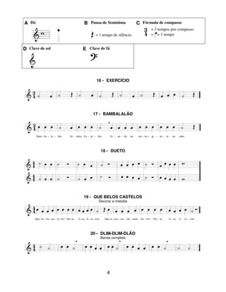 4
A Dó B Pausa de Semínima C Fórmula de compasso
= 1 tempo de silêncio
= 3 tempos por compasso
= = 1 tempo
D Clave de sol E Clave de fá
16 - EXERCÍCIO
17 - BAMBALALÃO
18 - DUETO
19 - QUE BELOS CASTELOS
Decorar a melodia
20 - DLIM-DLIM-DLÃO
Banda completa
 