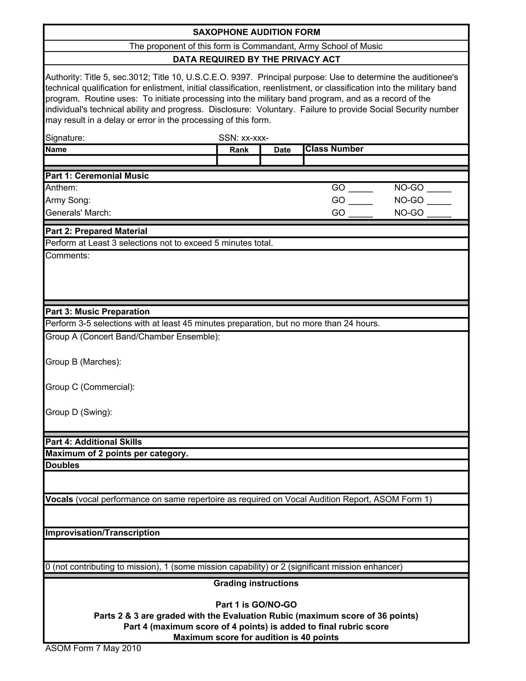 Army Bands Saxophone audition form | PDF