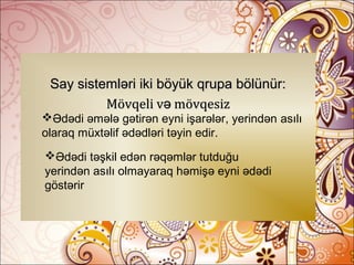 Say sistemləri iki böyük qrupa bölünür:Say sistemləri iki böyük qrupa bölünür:
Mövqeli v mövqesizəMövqeli v mövqesizə
Ədədi əmələ gətirən eyni işarələr, yerindən asılı
olaraq müxtəlif ədədləri təyin edir.
Ədədi təşkil edən rəqəmlər tutduğu
yerindən asılı olmayaraq həmişə eyni ədədi
göstərir
 