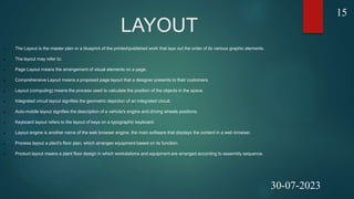 LAYOUT
 The Layout is the master plan or a blueprint of the printed/published work that lays out the order of its various graphic elements.
 The layout may refer to:
 Page Layout means the arrangement of visual elements on a page.
 Comprehensive Layout means a proposed page layout that a designer presents to their customers.
 Layout (computing) means the process used to calculate the position of the objects in the space.
 Integrated circuit layout signifies the geometric depiction of an integrated circuit.
 Auto-mobile layout signifies the description of a vehicle's engine and driving wheels positions.
 Keyboard layout refers to the layout of keys on a typographic keyboard.
 Layout engine is another name of the web browser engine, the main software that displays the content in a web browser.
 Process layout a plant's floor plan, which arranges equipment based on its function.
 Product layout means a plant floor design in which workstations and equipment are arranged according to assembly sequence.
15
30-07-2023
 