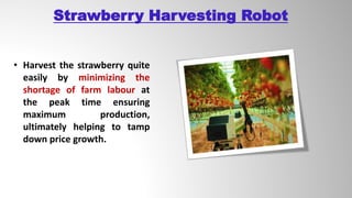 Strawberry Harvesting Robot
• Harvest the strawberry quite
easily by minimizing the
shortage of farm labour at
the peak time ensuring
maximum production,
ultimately helping to tamp
down price growth.
 