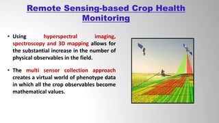 • Using hyperspectral imaging,
spectroscopy and 3D mapping allows for
the substantial increase in the number of
physical observables in the field.
• The multi sensor collection approach
creates a virtual world of phenotype data
in which all the crop observables become
mathematical values.
Remote Sensing-based Crop Health
Monitoring
 