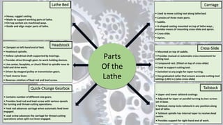 • Mounted on top of saddle.
• Provides manual or automatic cross movement for
cutting tool.
• Compound rest. (fitted on top of cross-slide)
• Used to support cutting tool.
• Swiveled to any angle for taper-turning.
• Has graduated collar that ensure accurate cutting-tool
settings (.001 in.) (also cross-slide)
• Used to move cutting tool along lathe bed.
• Consists of three main parts.
• Saddle.
• H-shaped casting mounted on top of lathe ways ,
provides means of mounting cross-slide and apron.
• Cross-slide.
• Apron.
• Clamped on left-hand end of bed.
• Headstock spindle.
• Hollow cylindrical shaft supported by bearings.
• Provides drive through gears to work-holding devices.
• Live center, faceplate, or chuck fitted to spindle nose to
hold and drive work.
• Driven by stepped pulley or transmission gears.
• Feed reverse lever.
• Reverses rotation of feed rod and lead screw.
• Contains number of different-size gears.
• Provides feed rod and lead-screw with various speeds
for turning and thread-cutting operations.
• Feed rod advances carriage when automatic feed lever
engaged.
• Lead screw advances the carriage for thread-cutting
operations when split-nut lever engaged.
• Upper and lower tailstock castings.
• Adjusted for taper or parallel turning by two screws
set in base.
• Tailstock clamp locks tailstock in any position along
bed of lathe.
• Tailstock spindle has internal taper to receive dead
centre.
• Provides support for right-hand end of work.
Parts
Of the
Lathe
• Heavy, rugged casting.
• Made to support working parts of lathe.
• On top section are machined ways.
• Guide and align major parts of lathe.
Lathe Bed
Headstock
Quick-Change Gearbox
Carriage
Cross-Slide
Tailstock
 