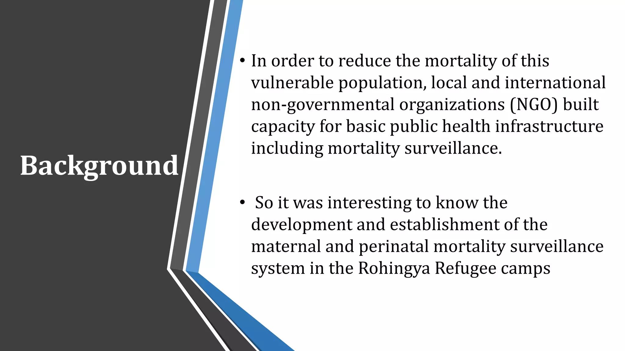 Background
• In order to reduce the mortality of this
vulnerable population, local and international
non-governmental organizations (NGO) built
capacity for basic public health infrastructure
including mortality surveillance.
• So it was interesting to know the
development and establishment of the
maternal and perinatal mortality surveillance
system in the Rohingya Refugee camps
 