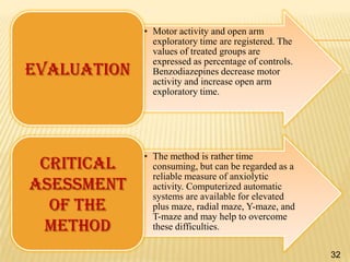EVALUATION

CRITICAL
ASESSMENT
OF THE
METHOD

• Motor activity and open arm
exploratory time are registered. The
values of treated groups are
expressed as percentage of controls.
Benzodiazepines decrease motor
activity and increase open arm
exploratory time.

• The method is rather time
consuming, but can be regarded as a
reliable measure of anxiolytic
activity. Computerized automatic
systems are available for elevated
plus maze, radial maze, Y-maze, and
T-maze and may help to overcome
these difficulties.
32

 