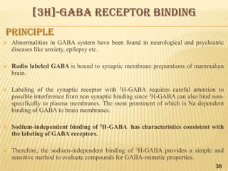 [3H]-GABA receptor binding
PRINCIPLE


Abnormalities in GABA system have been found in neurological and psychiatric
diseases like anxiety, epilepsy etc.



Radio labeled GABA is bound to synaptic membrane preparations of mammalian
brain.



Labeling of the synaptic receptor with 3H-GABA requires careful attention to
possible interference from non synaptic binding since 3H-GABA can also bind nonspecifically to plasma membranes. The most prominent of which is Na dependent
binding of GABA to brain membranes.



Sodium-independent binding of 3H-GABA has characteristics consistent with
the labeling of GABA receptors.



Therefore, the sodium-independent binding of 3H-GABA provides a simple and
sensitive method to evaluate compounds for GABA-mimetic properties.
38

 