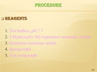 PROCEDURE


REAGENTS
1. Tris buffers, pH 7.7
2. 5-Hydroxy[G-3H] tryptamine creatinine sulfate
3. Serotonin creatinine sulfate
4. Spiroperidol
5. Test compounds

44

 
