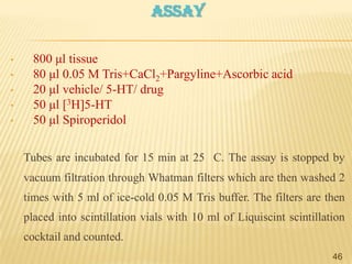 ASSAY
•
•
•
•
•

800 μl tissue
80 μl 0.05 M Tris+CaCl2+Pargyline+Ascorbic acid
20 μl vehicle/ 5-HT/ drug
50 μl [3H]5-HT
50 μl Spiroperidol
Tubes are incubated for 15 min at 25 C. The assay is stopped by
vacuum filtration through Whatman filters which are then washed 2
times with 5 ml of ice-cold 0.05 M Tris buffer. The filters are then
placed into scintillation vials with 10 ml of Liquiscint scintillation
cocktail and counted.
46

 